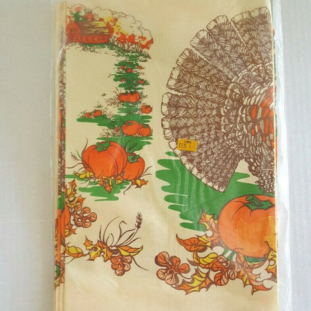 Vintage THANKSGIVING Paper TABLECLOTH C.A. REED 52X96 Pumpkin Patch 1970s